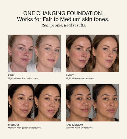 Changing Foundation before and after results across fair to tan-medium skin tones for a natural, even finish.