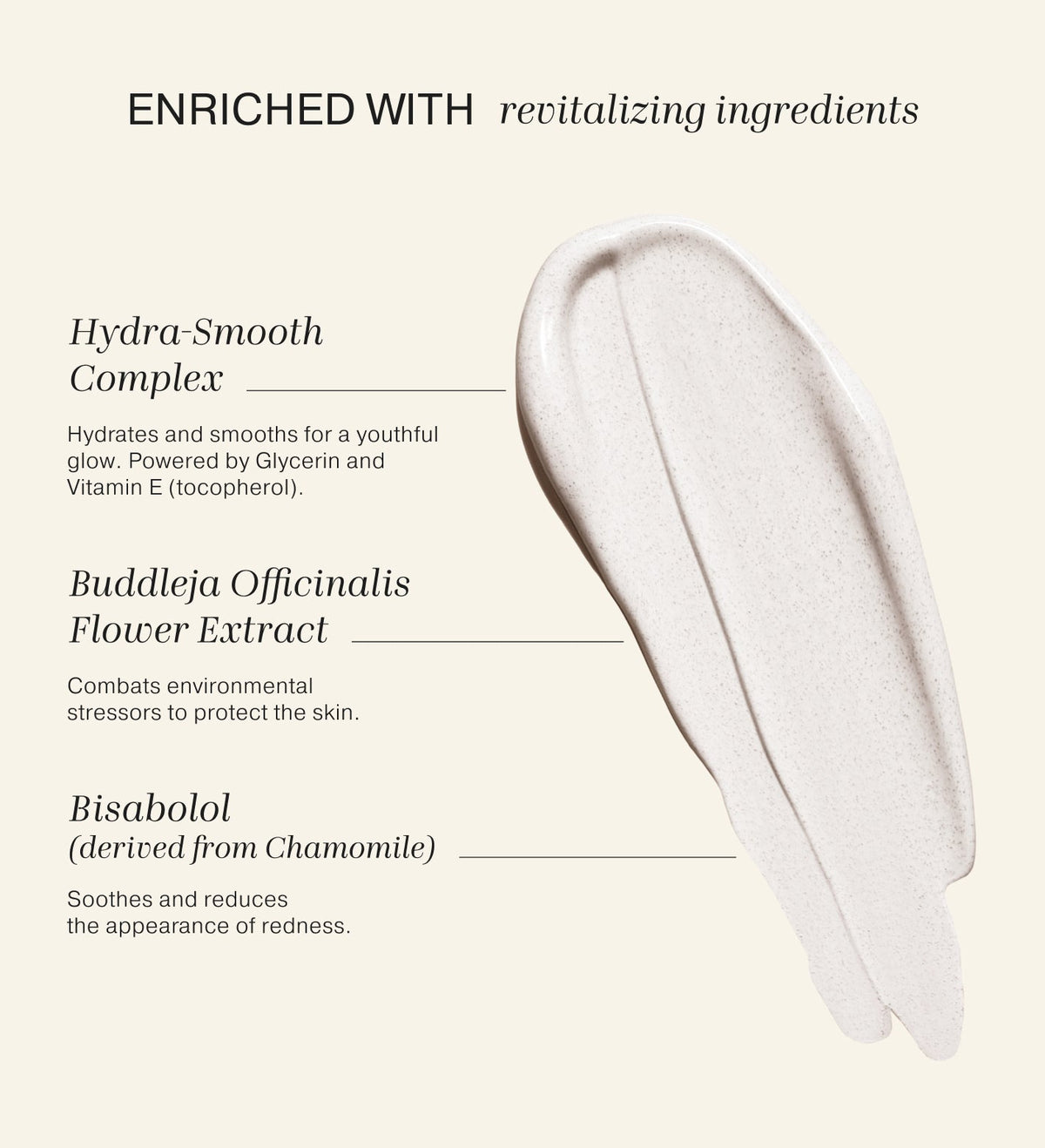 Smooth foundation swatch highlighting revitalizing ingredients like Hydra-Smooth Complex, Bisabolol, and Vitamin E.