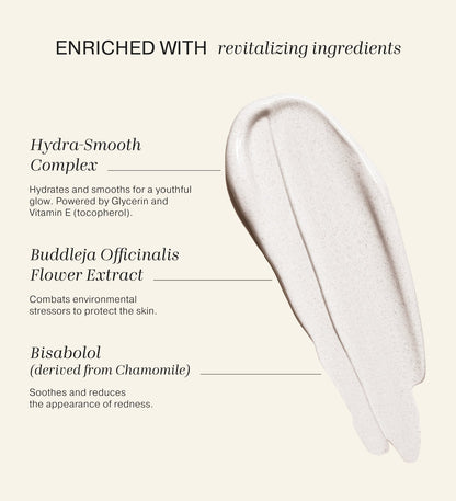 Smooth foundation swatch highlighting revitalizing ingredients like Hydra-Smooth Complex, Bisabolol, and Vitamin E.
