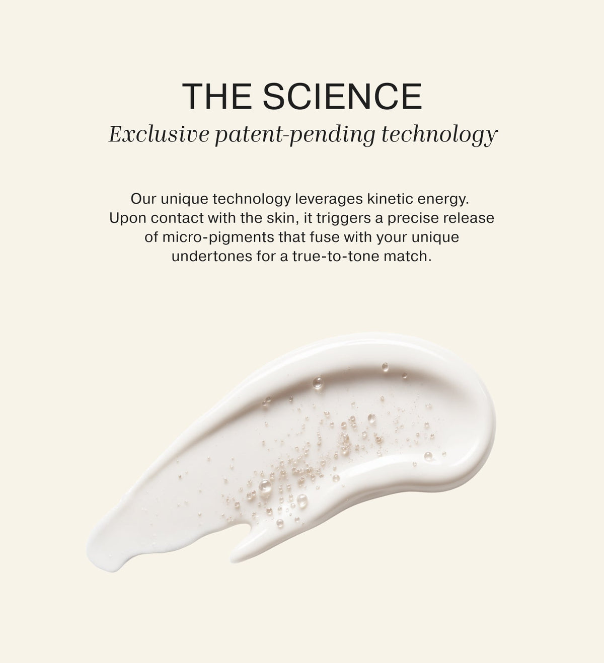 Meroda Changing Foundation swatch displaying patent-pending micro-pigment technology for a true-to-tone match.