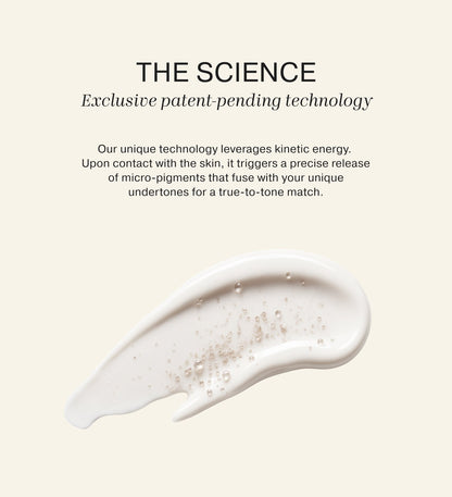 Meroda Changing Foundation swatch displaying patent-pending micro-pigment technology for a true-to-tone match.