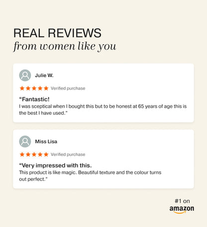 Five-star Amazon reviews for Meroda Cosmetics Changing Foundation praising its perfect color and texture.